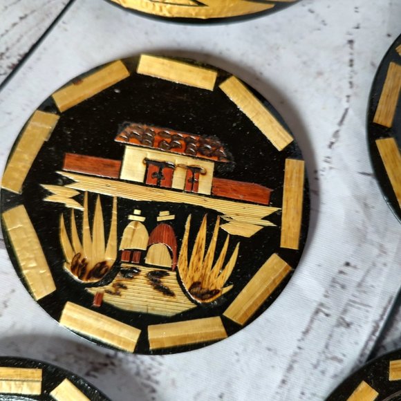 Japan Asian Wood Carved Coasters With Storage Box - Picture 6 of 14